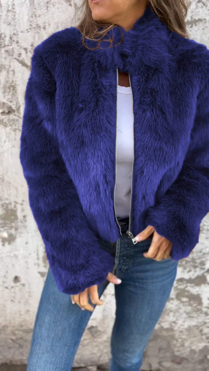 Women's Faux Fur Jacket – Cropped Plush Zip-Up Faux Fur Bomber Jacket