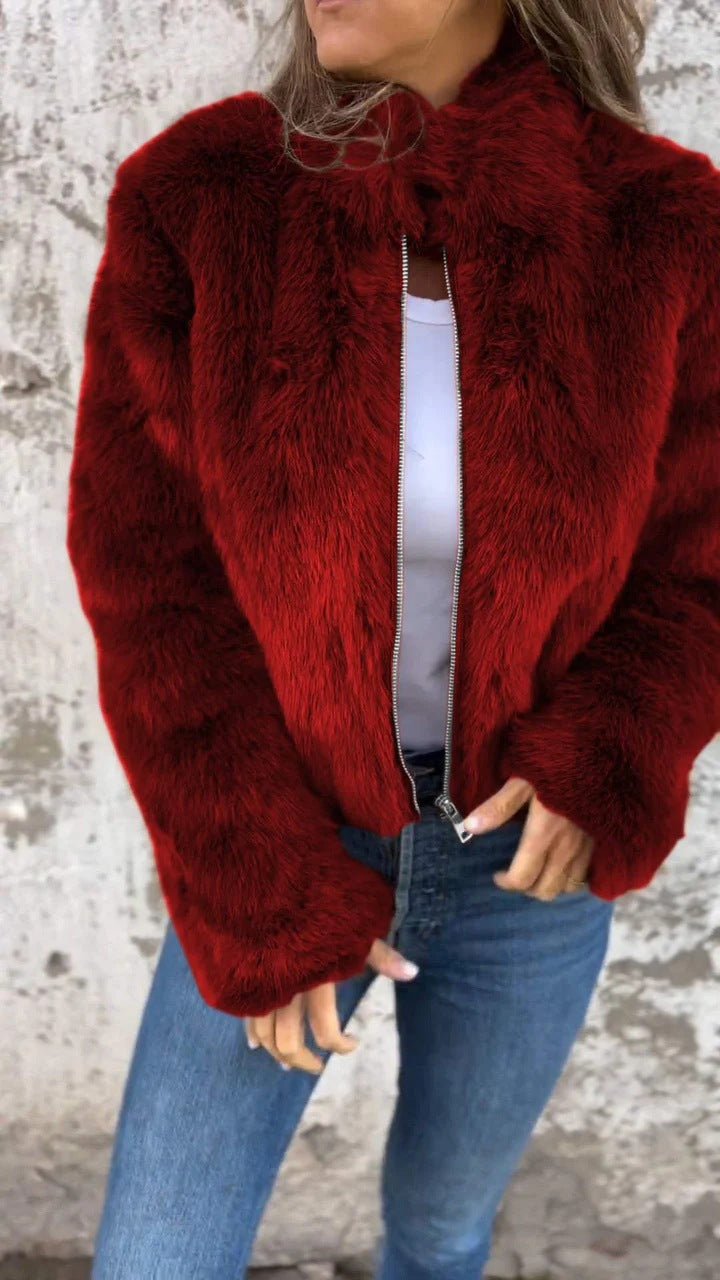 Women's Faux Fur Jacket – Cropped Plush Zip-Up Faux Fur Bomber Jacket
