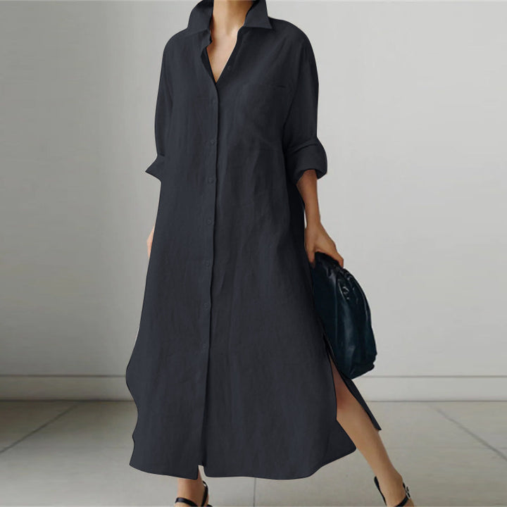 Women's Long Sleeve Split Casual Linen Maxi Dress