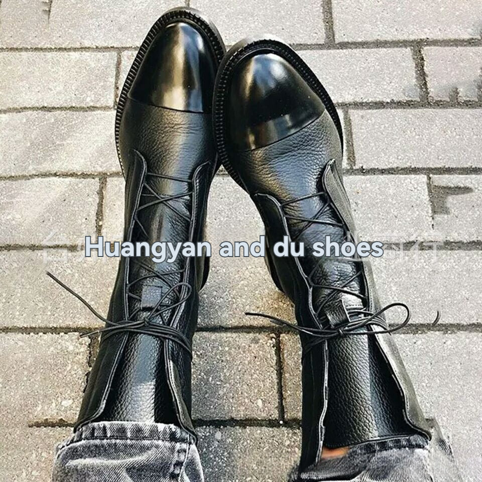 Patent Leather Patchwork Square-Heel Boots