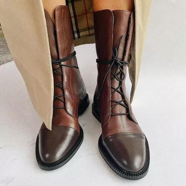 Patent Leather Patchwork Square-Heel Boots