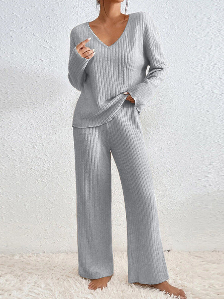 Women's Ribbed Knit V-Neck Top & Wide Leg Pants Co-ord