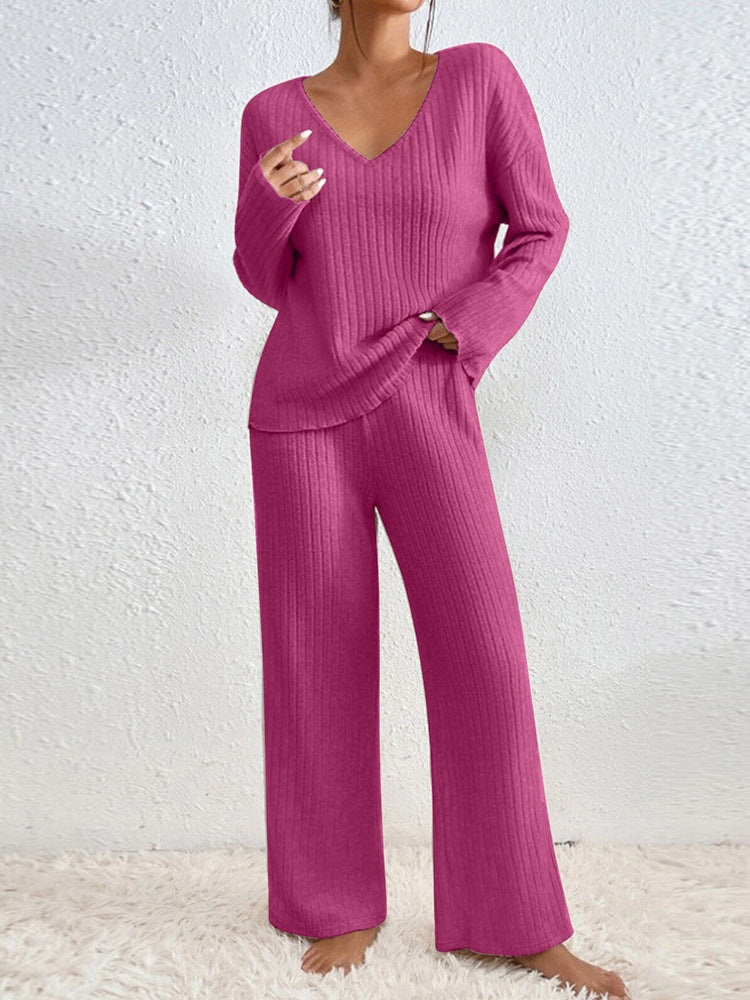 Women's Ribbed Knit V-Neck Top & Wide Leg Pants Co-ord