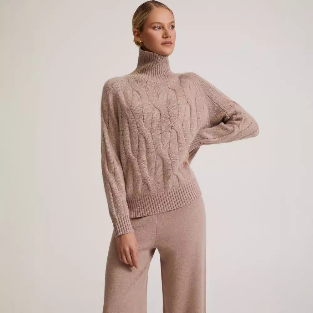 Women's Cable Knit Turtleneck Sweater & Wide Leg Pants Set