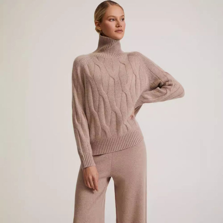 Women's Cable Knit Turtleneck Sweater & Wide Leg Pants Set