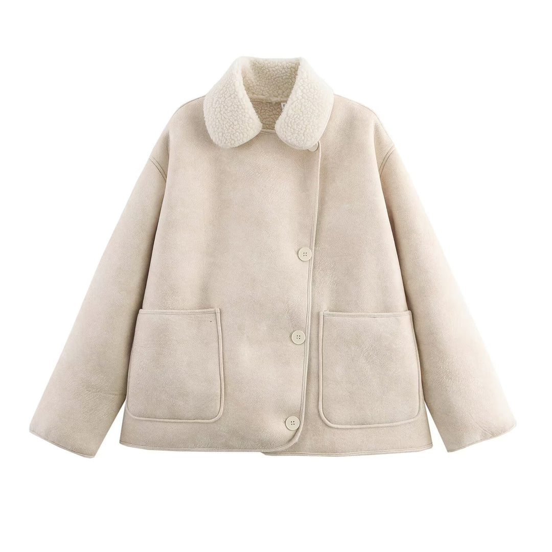 Oversized Shearling Trim Faux Suede Jacket