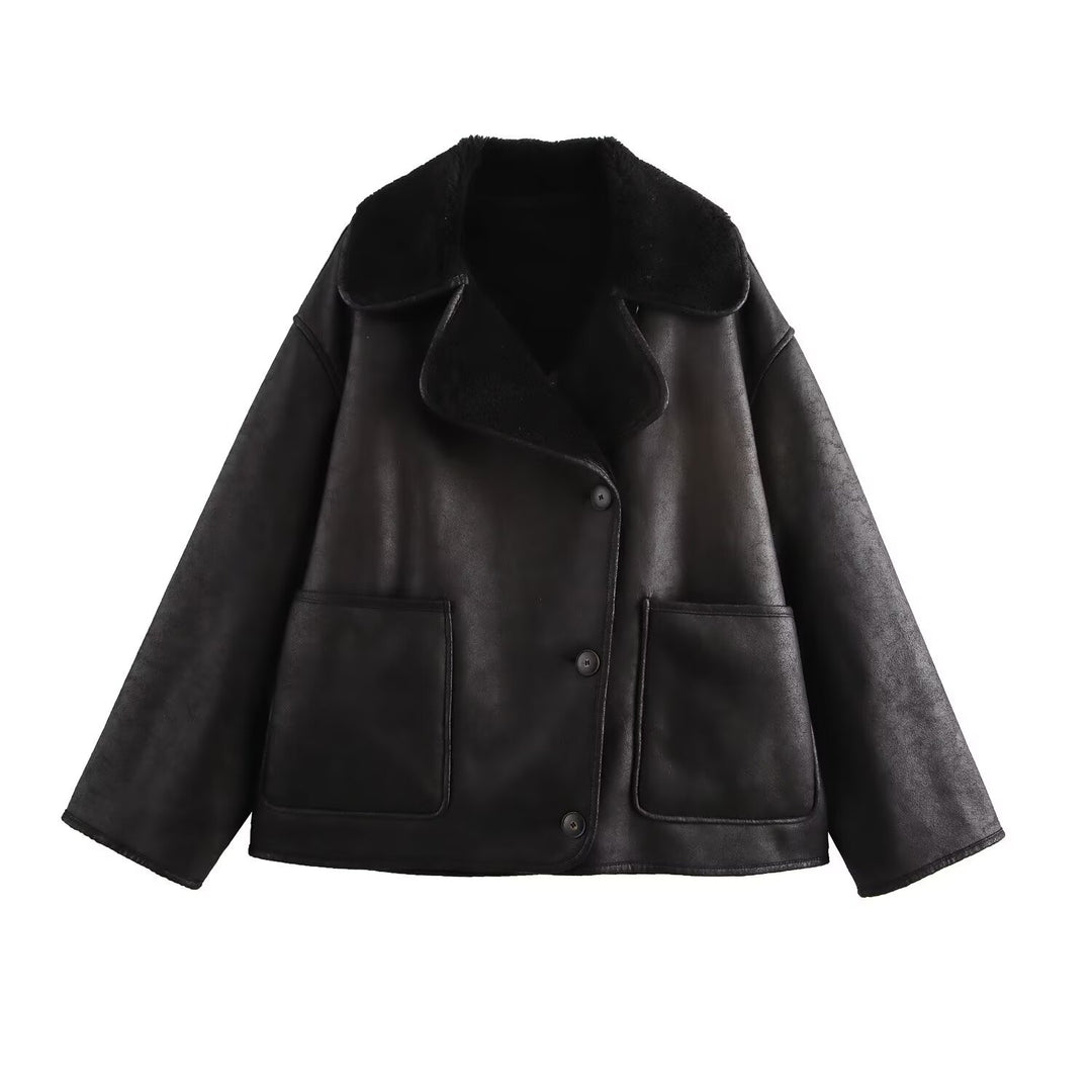 Oversized Shearling Trim Faux Suede Jacket