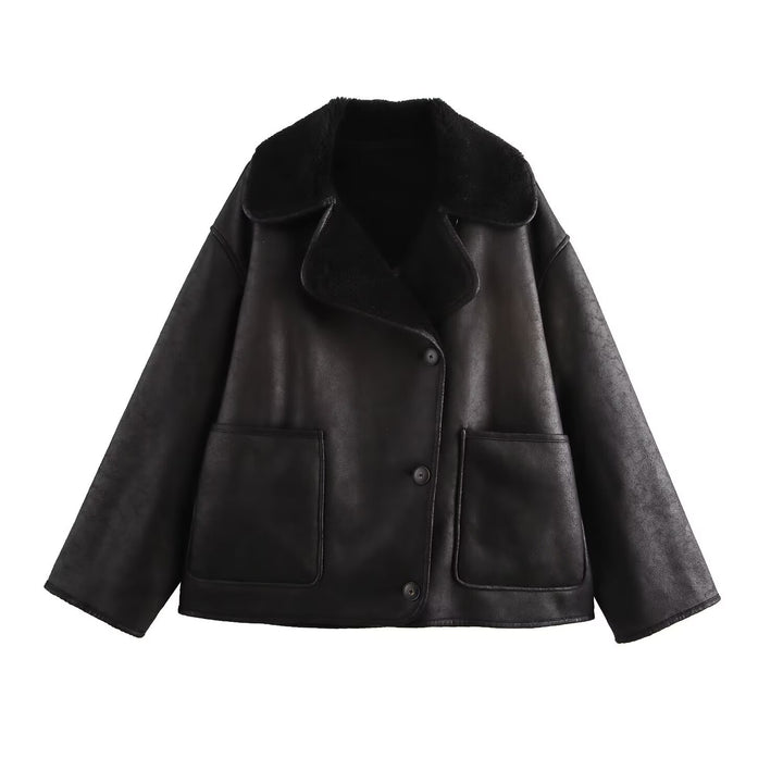 Oversized Shearling Trim Faux Suede Jacket