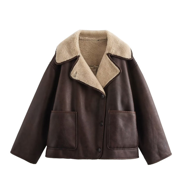 Oversized Shearling Trim Faux Suede Jacket
