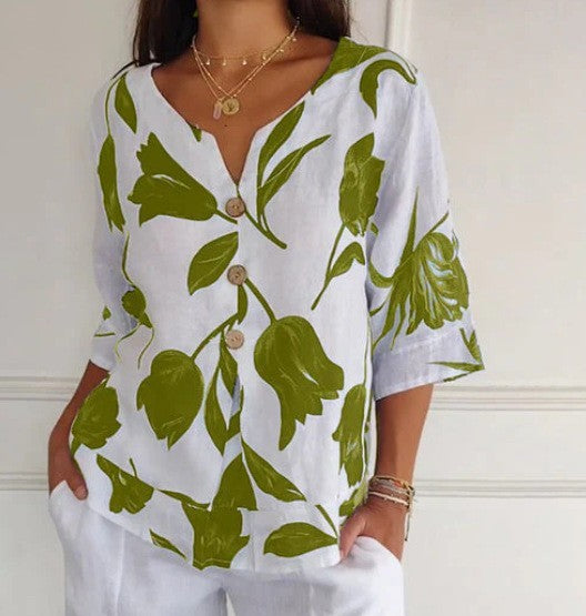 Floral Linen Blouse Women - Button Front V Neck Half Sleeve Summer Top