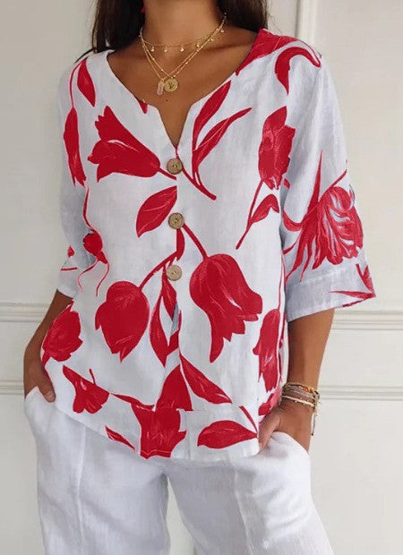 Floral Linen Blouse Women - Button Front V Neck Half Sleeve Summer Top