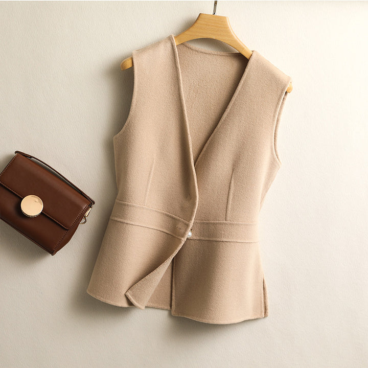 Women’s Wool-Blend Peplum Vest Elegant Sleeveless Waistcoat with Pearl Button