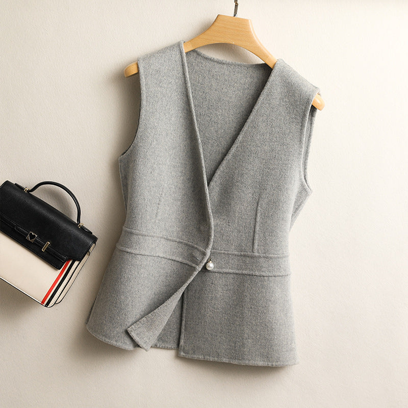 Women’s Wool-Blend Peplum Vest Elegant Sleeveless Waistcoat with Pearl Button