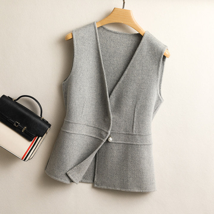 Women’s Wool-Blend Peplum Vest Elegant Sleeveless Waistcoat with Pearl Button