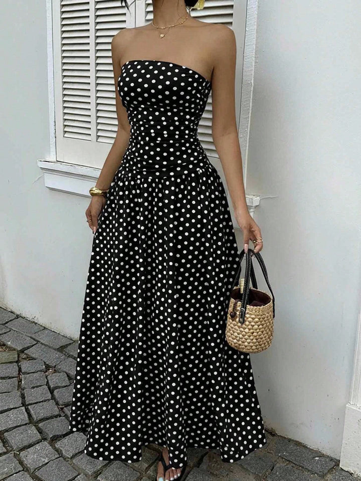 Women's Polka Dot Maxi Dress Strapless Ruched Bodice A Line Summer