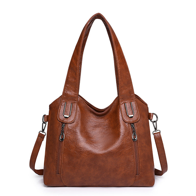 Women's Leather Shoulder Bag Dual-Zip Detachable-Strap