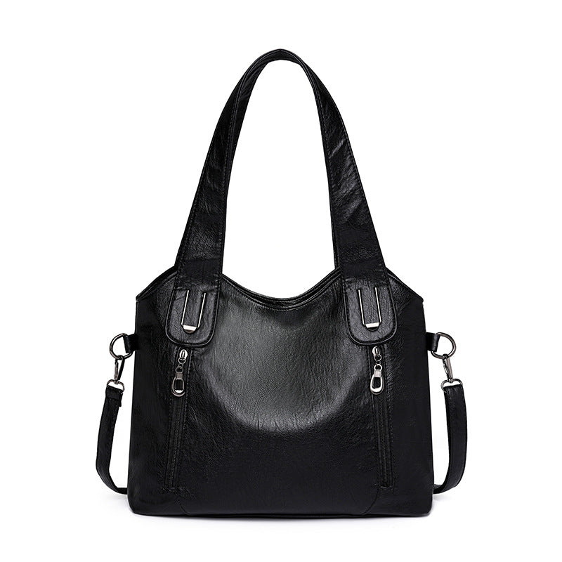 Women's Leather Shoulder Bag Dual-Zip Detachable-Strap
