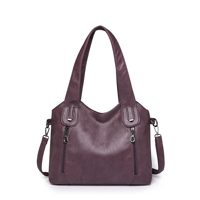 Women's Leather Shoulder Bag Dual-Zip Detachable-Strap