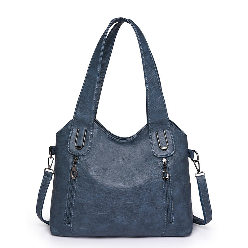 Women's Leather Shoulder Bag Dual-Zip Detachable-Strap