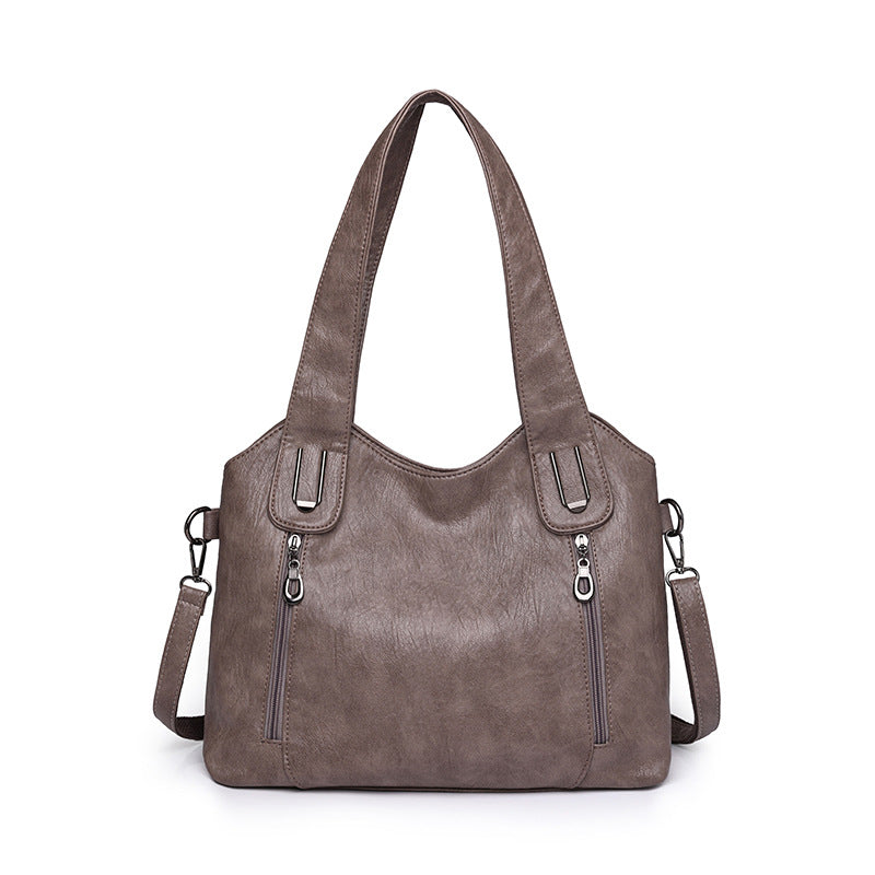 Women's Leather Shoulder Bag Dual-Zip Detachable-Strap