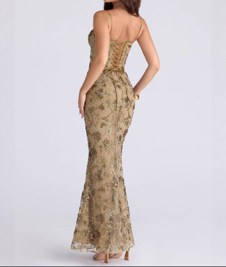 Women's Embellished Lace Maxi Dress Corset Bodice Mermaid Formal