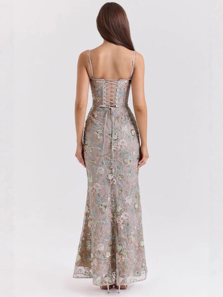 Women's Embellished Lace Maxi Dress Corset Bodice Mermaid Formal