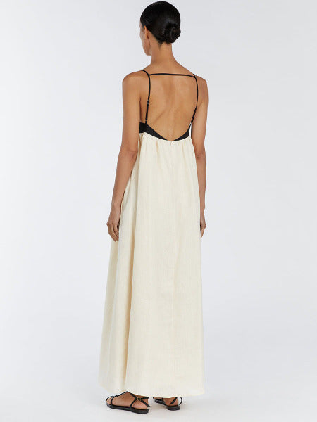 Women's Linen Maxi Dress Spaghetti Strap Empire Waist Contrast Panel