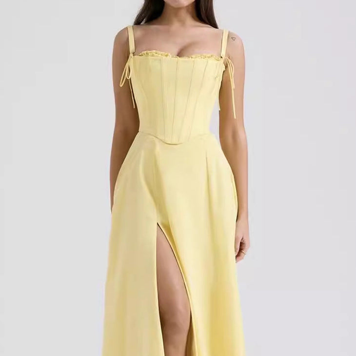 Women's Corset Midi Dress Tie Strap Front Split A Line Summer
