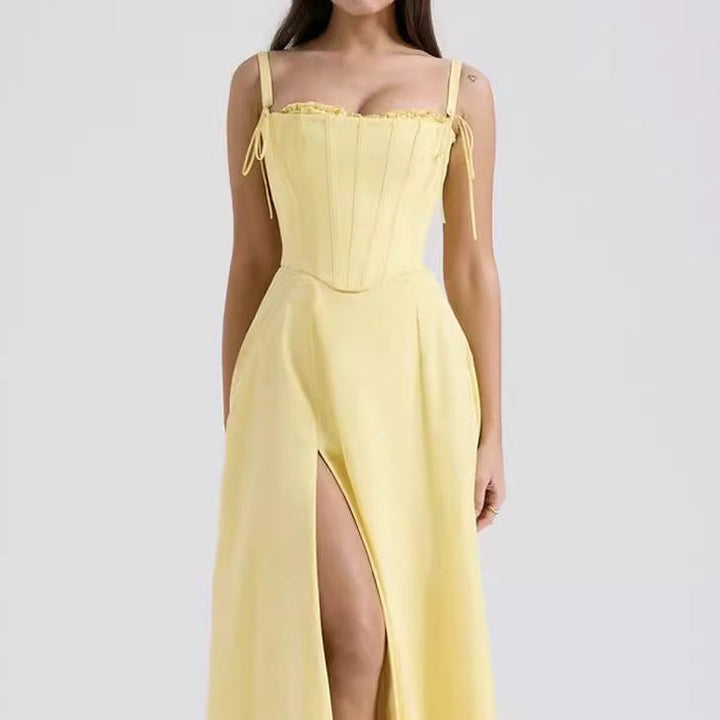 Women's Corset Midi Dress Tie Strap Front Split A Line Summer