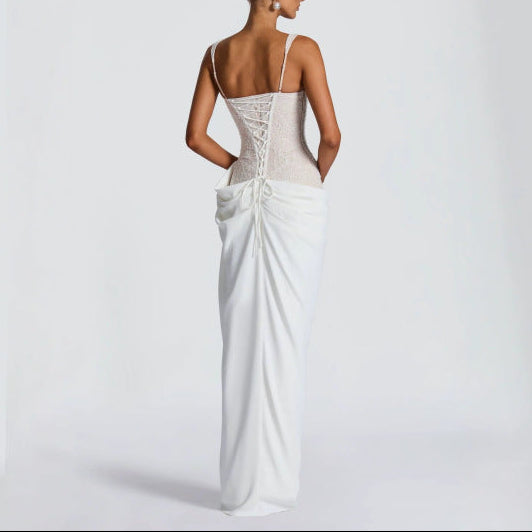 Women's Lace Corset Bodice Draped Mermaid Maxi Dress