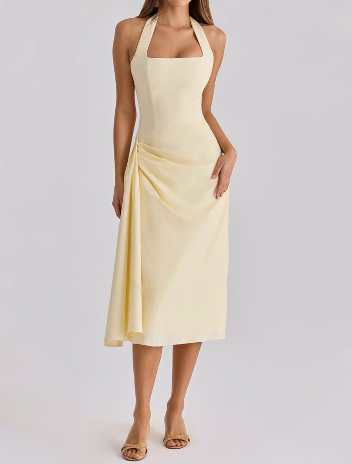 Women's Halter Neck Midi Dress Ruched Waist Square Neck Sleeveless