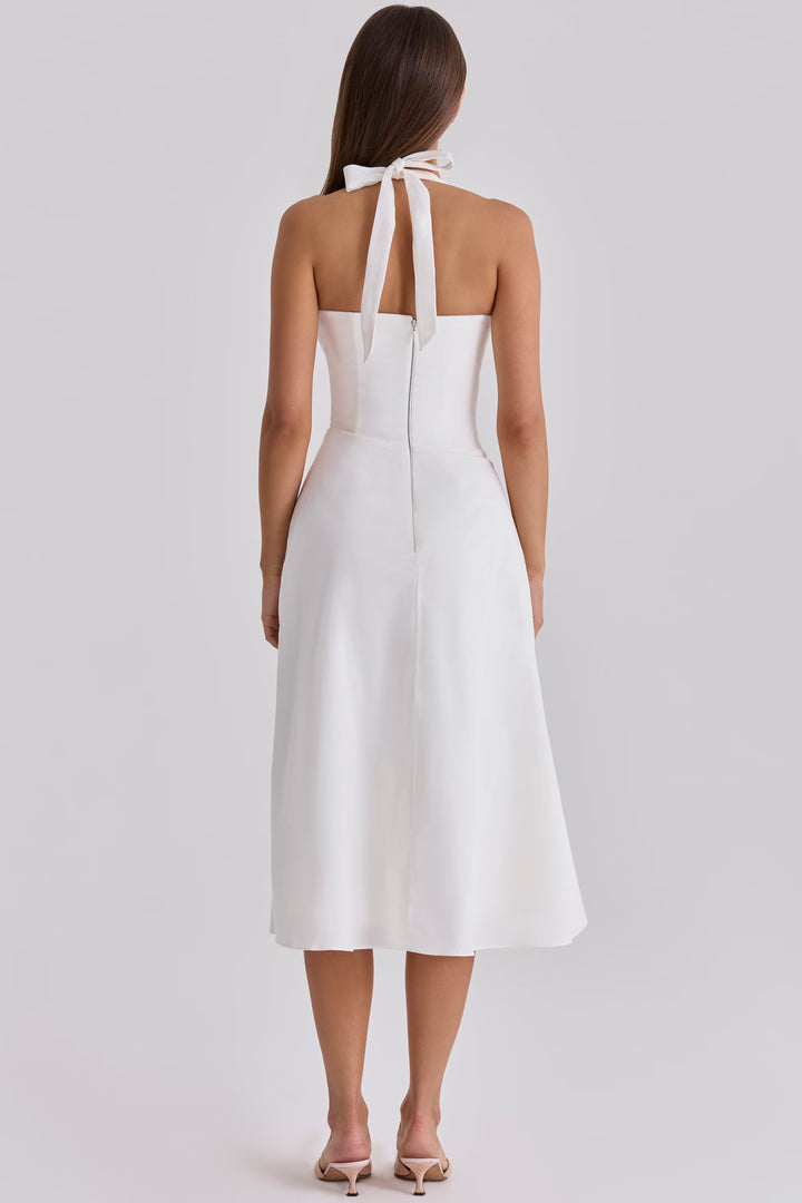 Women's Halter Neck Midi Dress Ruched Waist Square Neck Sleeveless