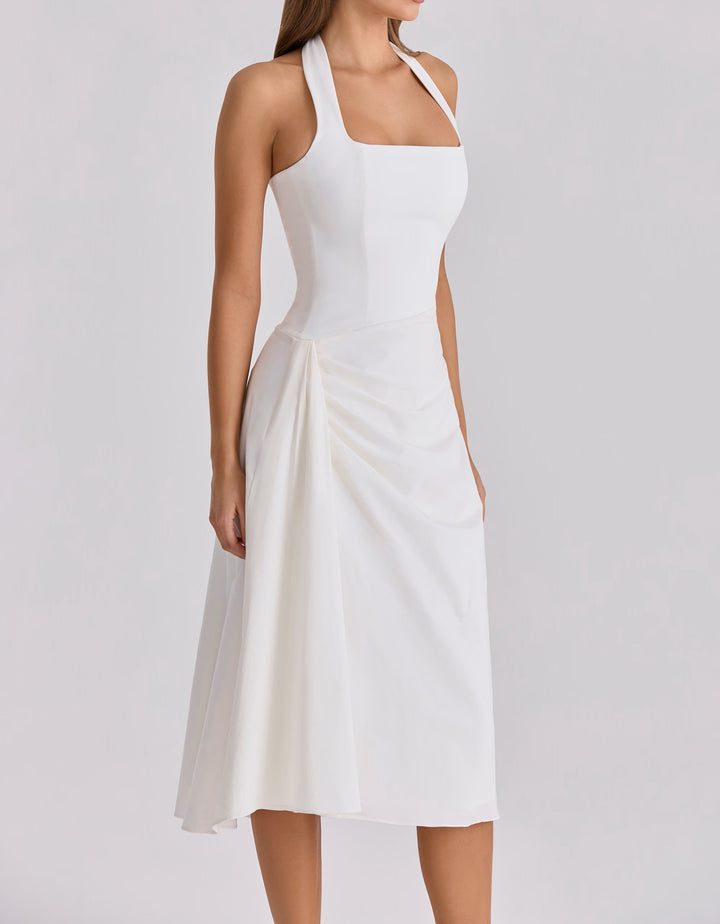 Women's Halter Neck Midi Dress Ruched Waist Square Neck Sleeveless