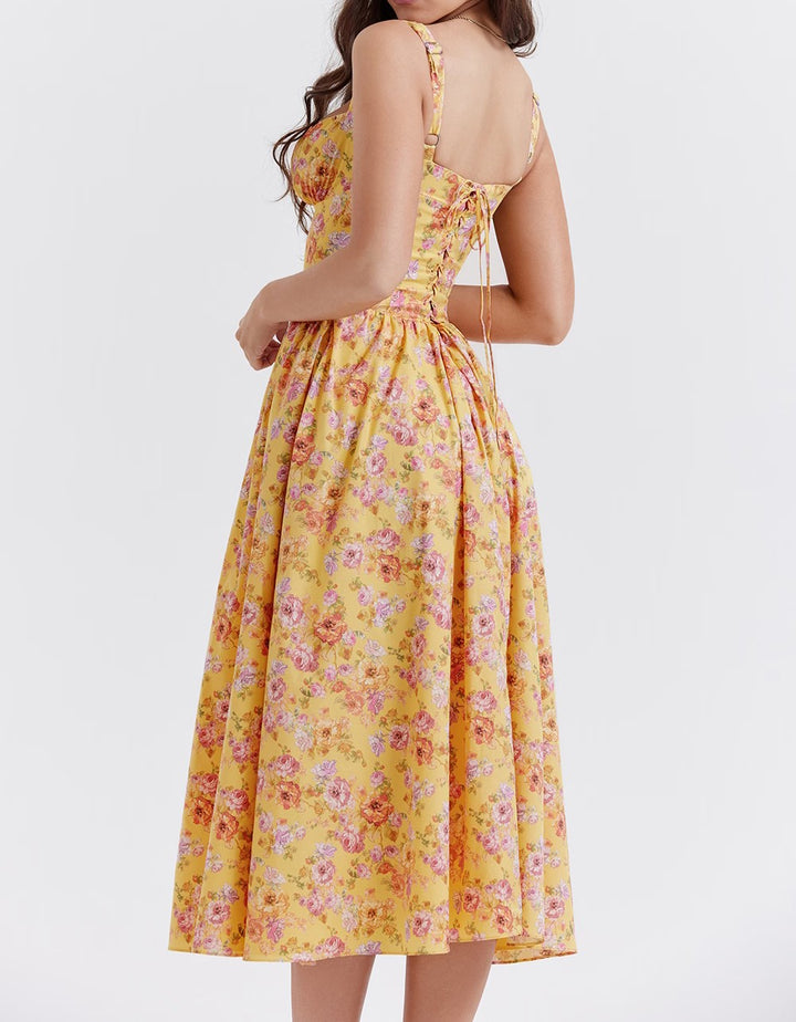 Women's Floral Midi Dress Corset Bodice Button Front Strappy Summer