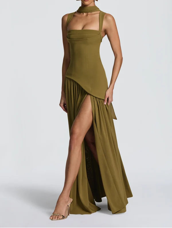 Women's Maxi Dress Square Neck Choker Strap High Split Formal Gown