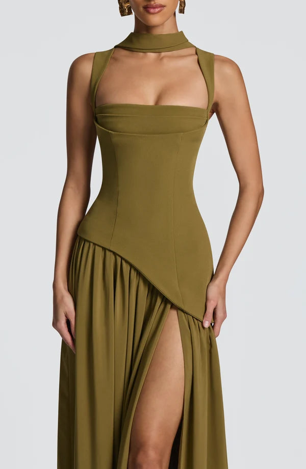 Women's Maxi Dress Square Neck Choker Strap High Split Formal Gown