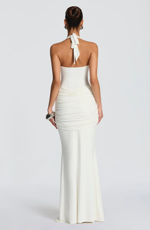 Women's Draped Cowl Halter Maxi Dress Ruched Knot Waist Sleeveless