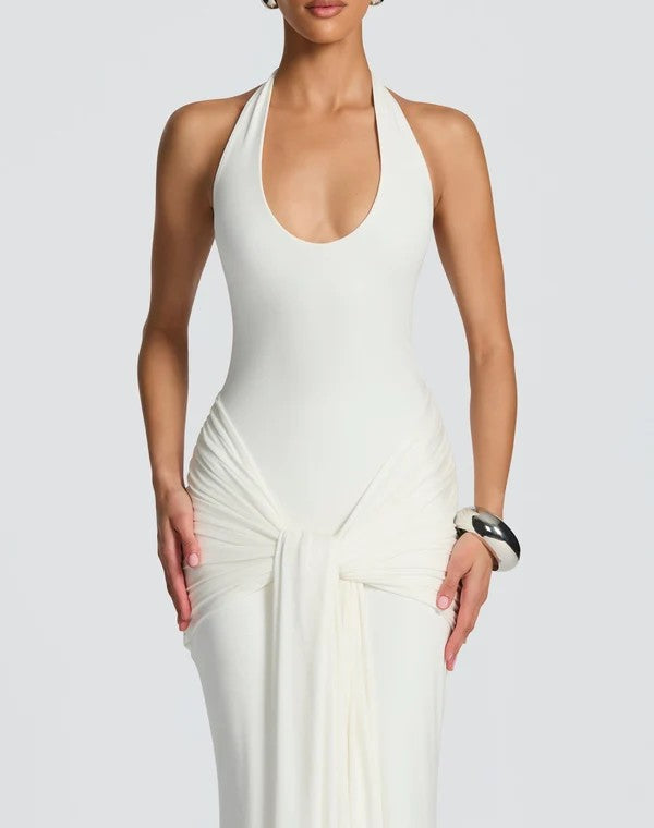 Women's Draped Cowl Halter Maxi Dress Ruched Knot Waist Sleeveless
