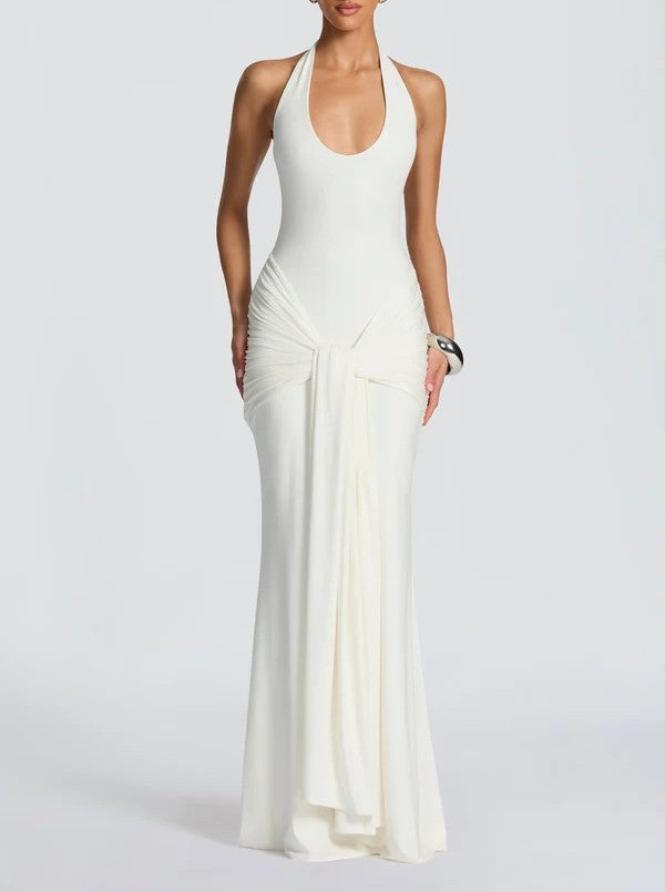 Women's Draped Cowl Halter Maxi Dress Ruched Knot Waist Sleeveless