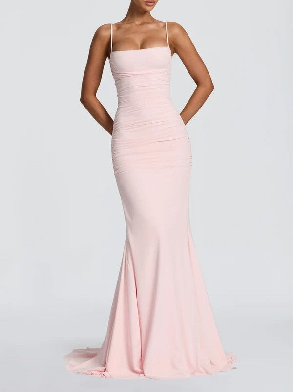 Women's Spaghetti Strap Ruched Mermaid Maxi Dress with Train
