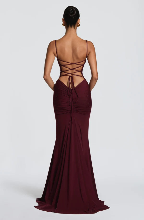 Women's Spaghetti Strap Ruched Mermaid Maxi Dress with Train
