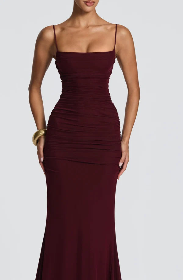 Women's Spaghetti Strap Ruched Mermaid Maxi Dress with Train