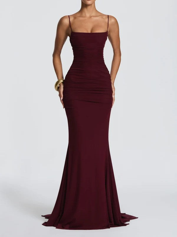 Women's Spaghetti Strap Ruched Mermaid Maxi Dress with Train